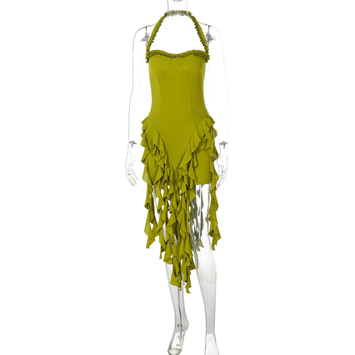 Dulzura Sleeveless Halter Ruffles Patchwork Mini Dress Women’S Solid Sexy Outfit Prom Party Clubwear Autumn Winter Clothes