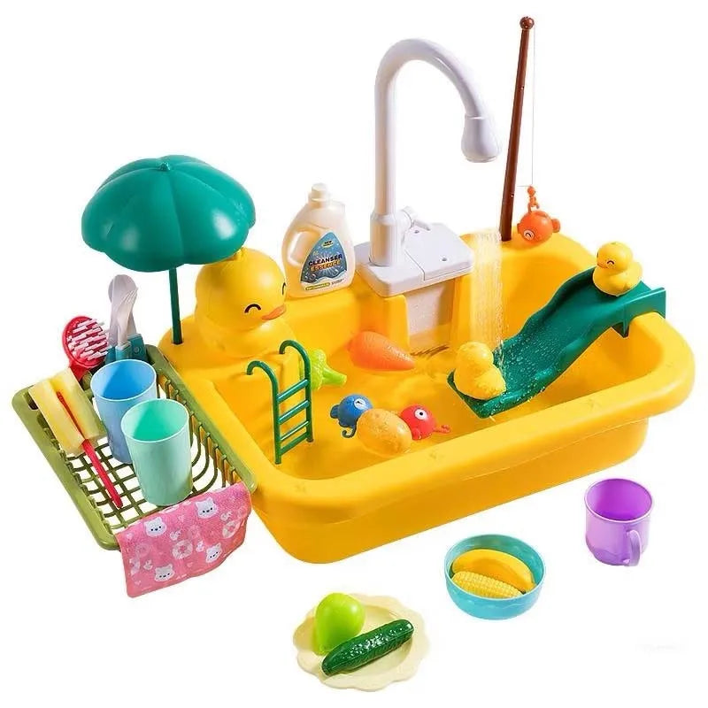 Kids Kitchen Sink Duck Toy Electric Dishwasher Play Set With Running Water Pretend Food Fisher Role Play Gift For Girls And Boys