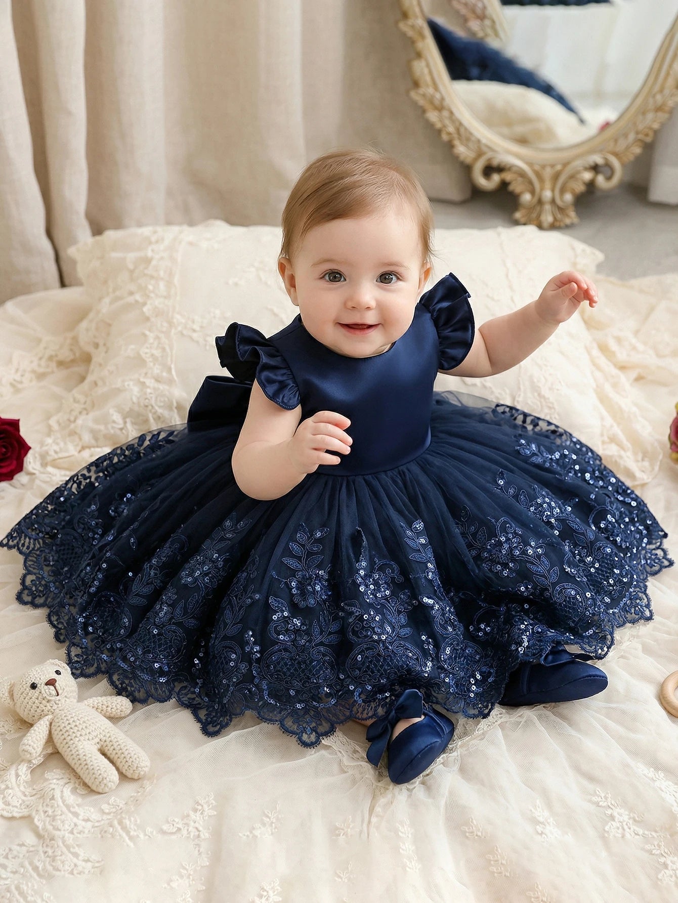 Baby Girl Casual Simple Woven White Round Neck Sleeveless Detachable Three-Dimensional Bow Dress Birthday Party,Evening Party