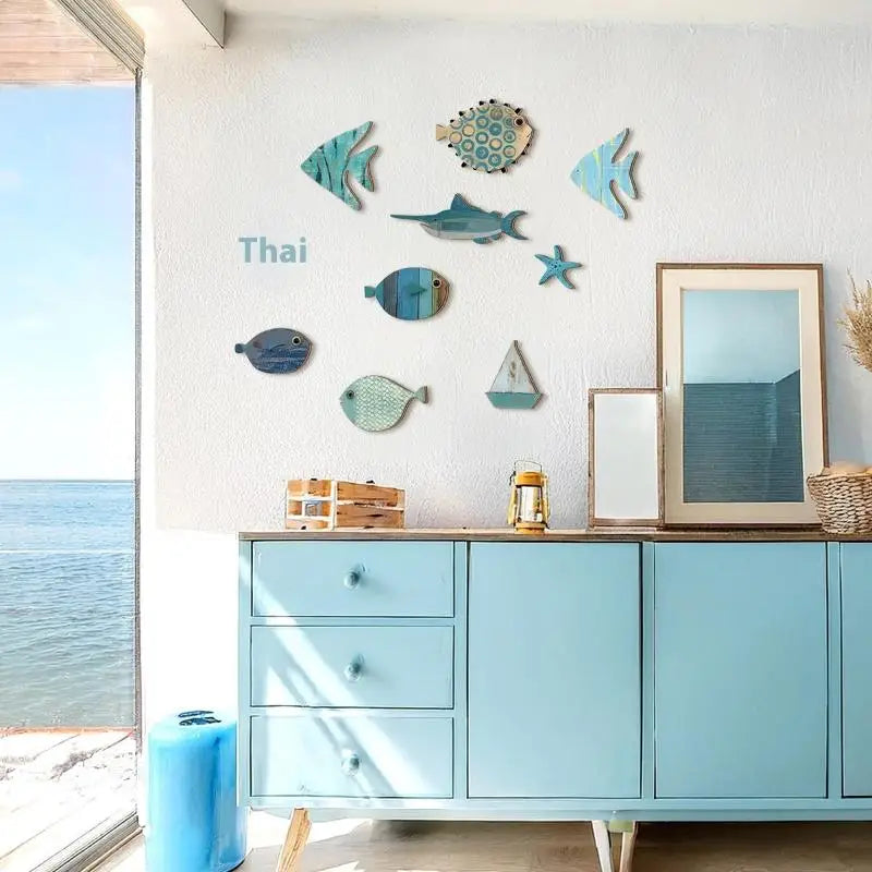 10pcs/set Fish Home Wall Decor Wooden Fish Hanging Beach Theme Bathroom Art Nautical Coastal Ocean Decoration