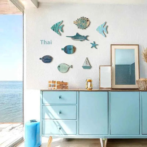 10pcs/set Fish Home Wall Decor Wooden Fish Hanging Beach Theme Bathroom Art Nautical Coastal Ocean Decoration
