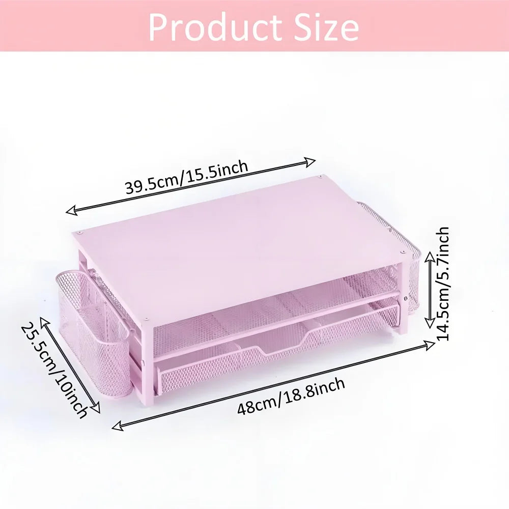 2-Tier Desk Organizers and Accessories, Pink & Black Computer Monitor Stand with Drawer, Pen Storage & Tablet Phone Holder