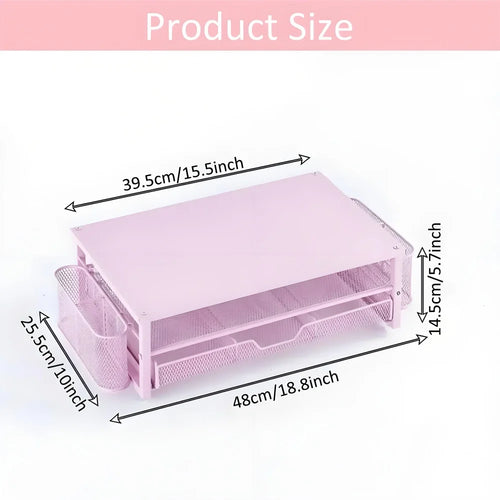 2-Tier Desk Organizers and Accessories, Pink & Black Computer Monitor Stand with Drawer, Pen Storage & Tablet Phone Holder