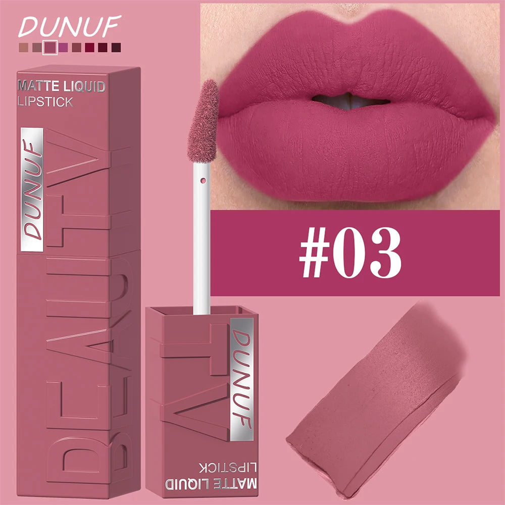 DUNUF  8-color matte velvet smooth easy-to-apply square tube lip gloss waterproof three-dimensional plumping lipstick