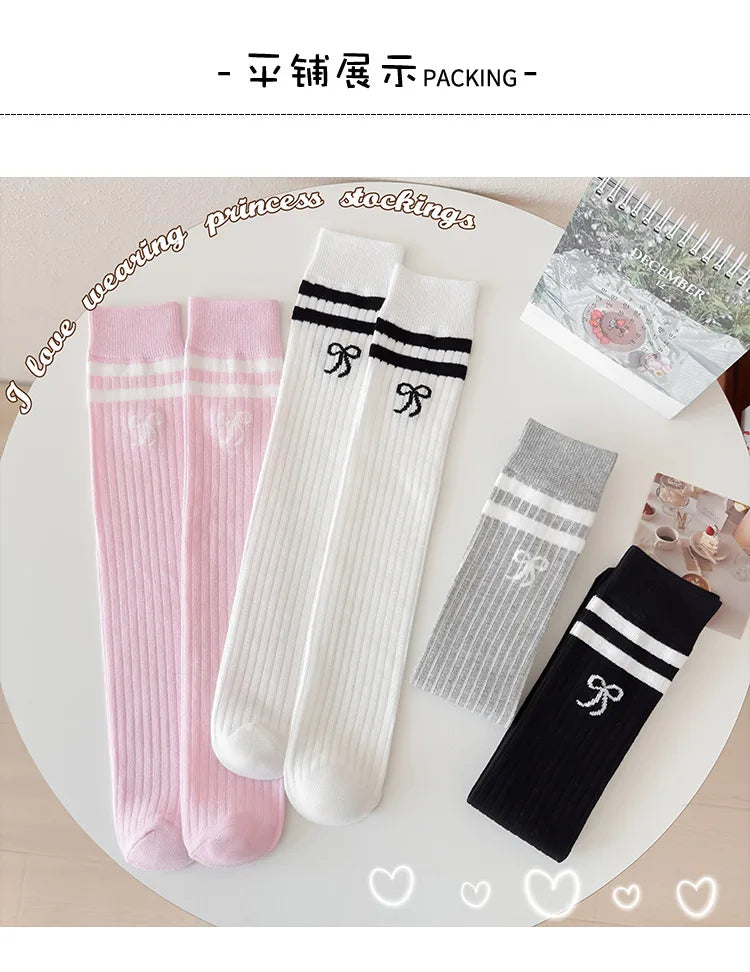 40CM Children's Long Socks Spring and Summer Girls' Bow Princess Skirt Paired with Knee High Sock Striped High Tube Cotton Socks