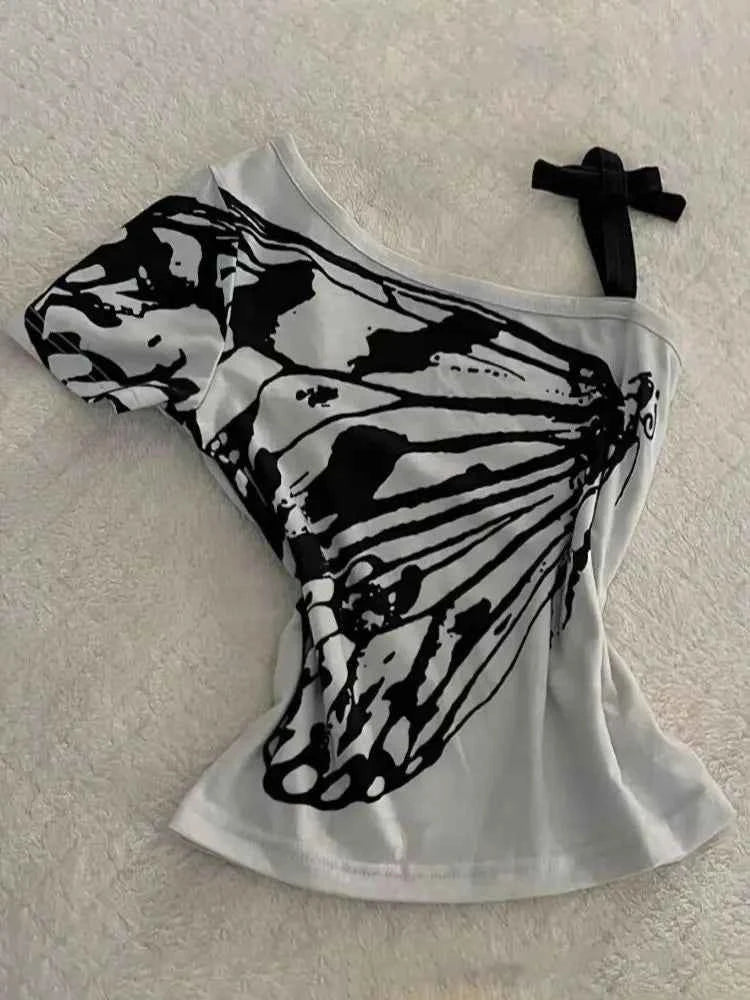 Sexy Off shoulder Summer T shirt Women Korean Harajuku Aesthetic Print Short sleeve Body Tops Female Tees Cotton Front Bow Tied