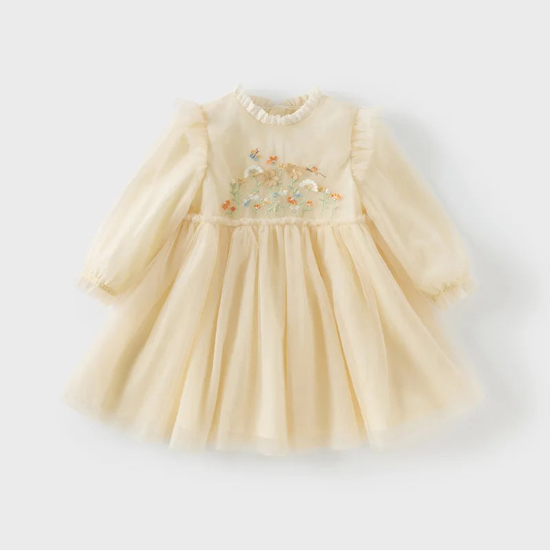 Dave Bella Princess Dress for Girls Baby Children 2025 Spring Long Sleeved Charm Mesh Embroidery Floral Gentle Cute DB1250434