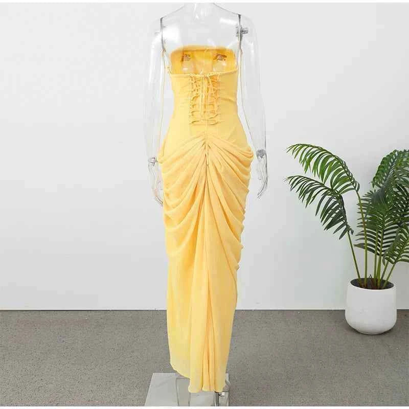 Women Sexy Solid Pleated Strapless Dress Lady Chic Off-shoulder Backless High Waist Split Dresses  Evening Party Gown 2026 New