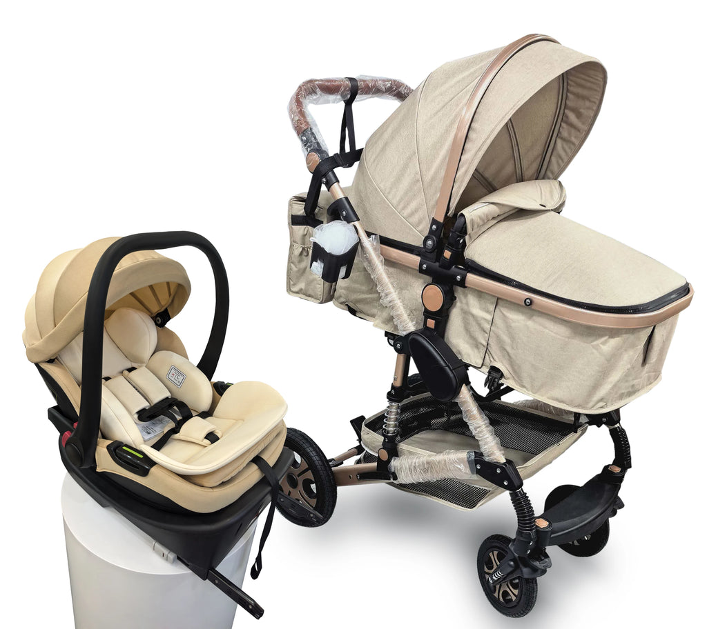 3-in-1 Baby Stroller Car Seat Set, Travel System for Newborn, Baby Carriage with Isofix Base Reversible Stroller Upto 55lbs, Foldable Stroller Suit Newborn to Toddler