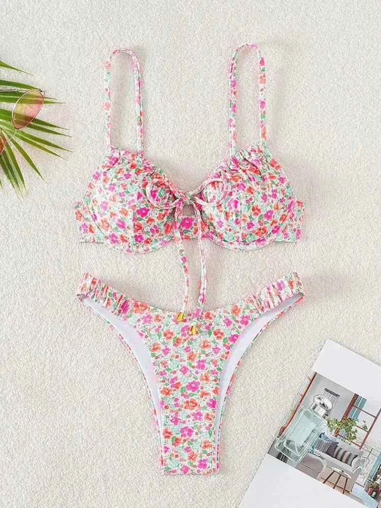 New Sexy Floral Print Push Up Bikini 2024 Women Swimwear Female Swimsuit Two Pieces Thong Bikini Set Bather Bathing Suit Beach