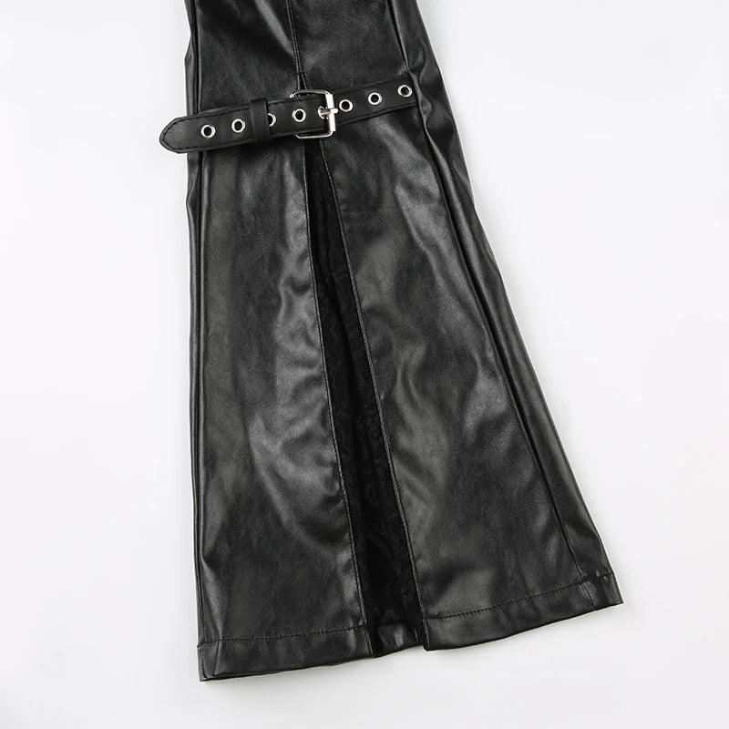 SUCHCUTE PU Leather Flare Pant Goth Buckle Lace Patchwork Pants Women Fashion Y2K Streetwear Vintage Aesthetics Casual Trouesrs