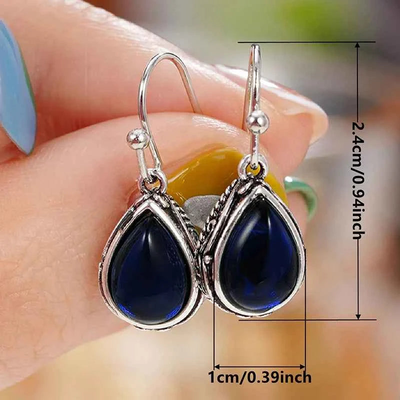Huitan Green/Red Pear Stone Drop Earrings for Women Ethnic Style Aesthetic Carved Pattern Temperament Lady's Earrings Jewelry