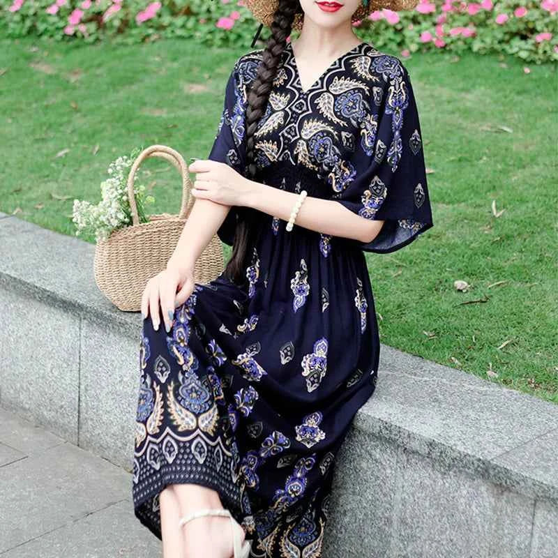 Colorful Flower V-neck Elastic Youthful Bohemian Sweet Midi Dress Woman Clothes Chic Fashion Summer Dresses 2025 Large Swing Ski