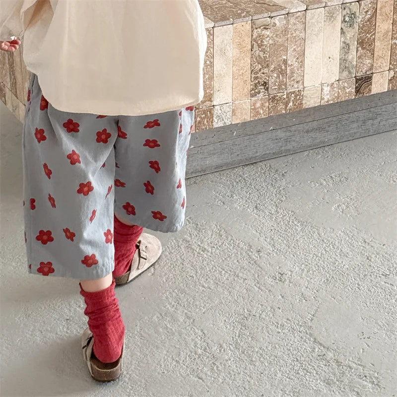 2026 Spring New Children Casual Pants Fashion Flower Print Girls Harem Pants Cotton Kids Loose Trousers Boys Cute Baby Clothes
