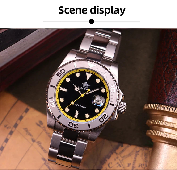 ADDIESDIVE Top Brand Mens Quartz Watches 41mm Stainless Steel Calendar Display Luxury Watch Luminous 200m Dive Casual Wristwatch