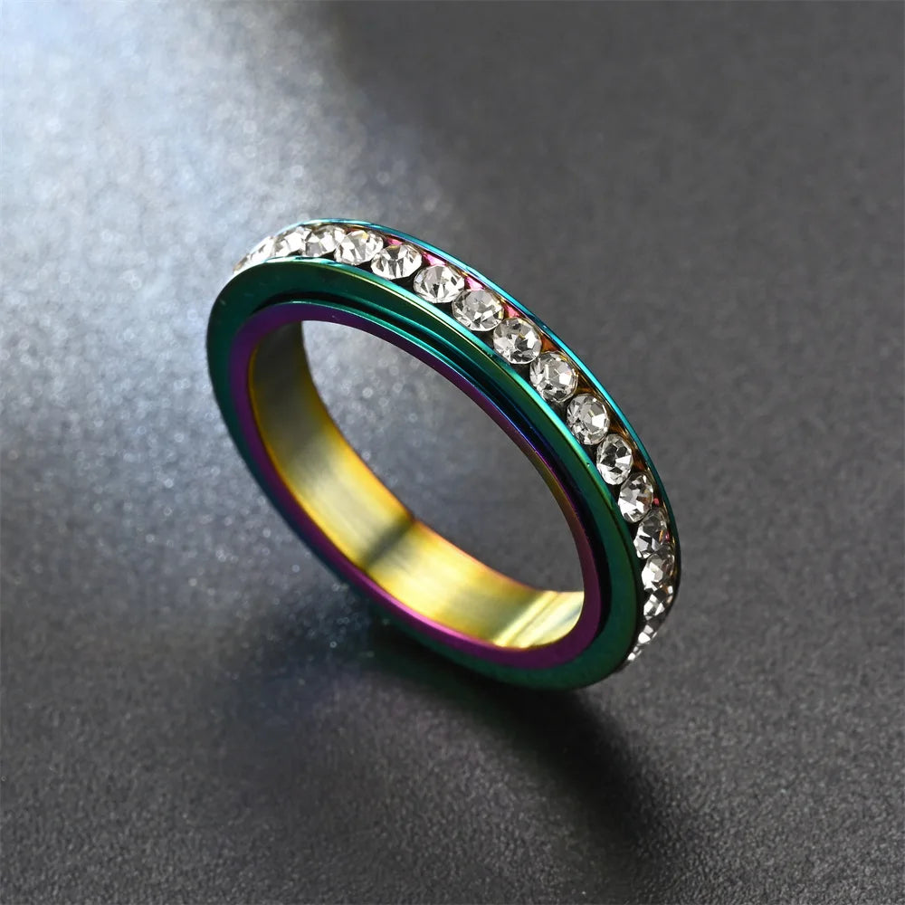 4MM Spinner Finger Rings For Women Crystal Rotatable Wedding Stainless Steel Ring Men Korean Anniversary Party Jewelry