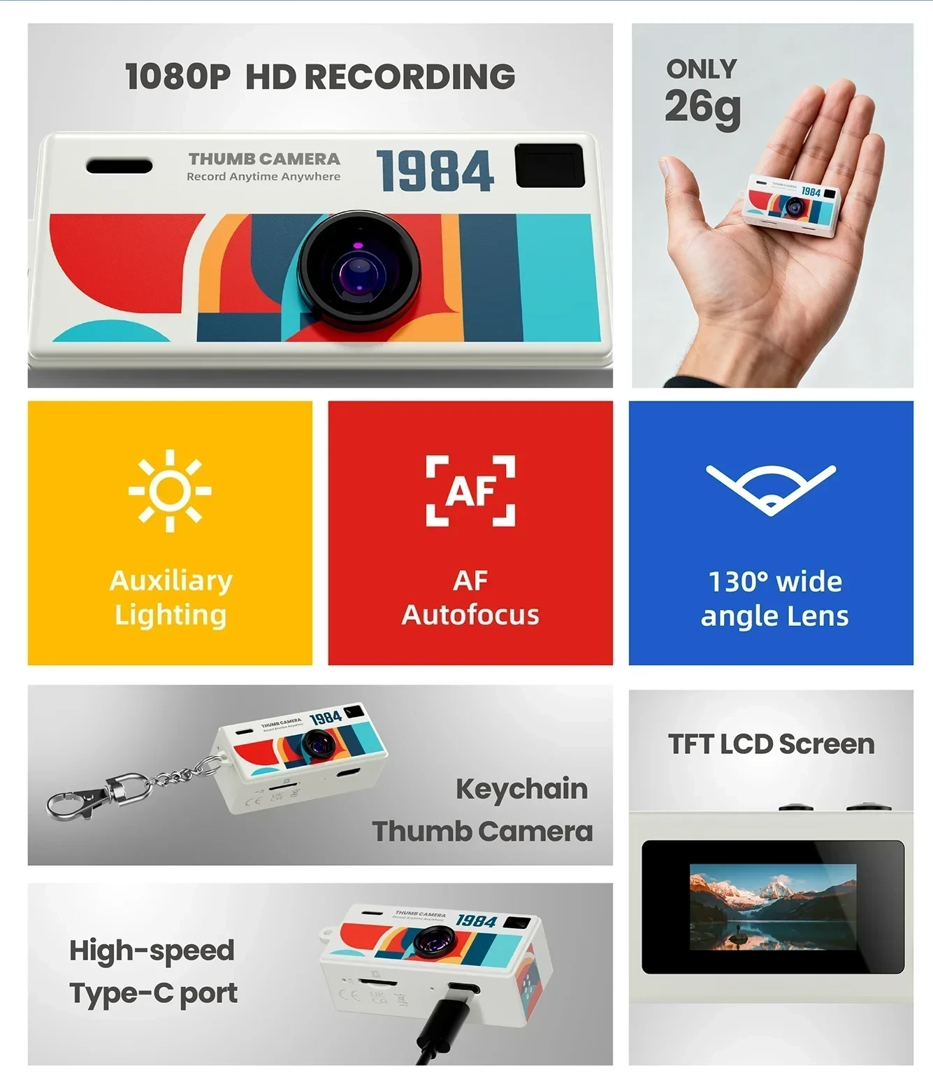 Thumb Camera 1080P FHD, 130° Wide-Angle Lens with AF Autofocus & Fill Light, Portable Mini Camera with TFT LCD Screen mini CCD