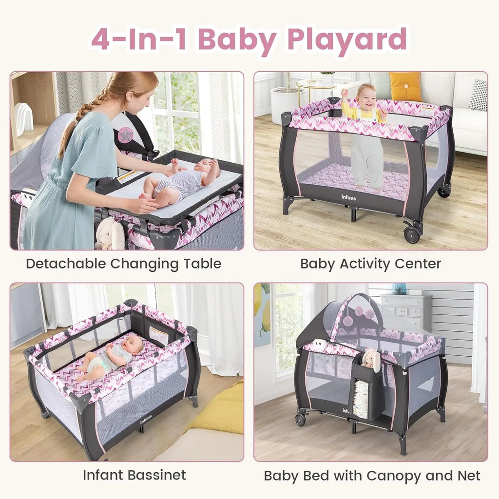 4-in-1 Portable Baby Playard with Bassinet, Changing Table, Canopy & Toys for Newborns to Toddlers (Pink)