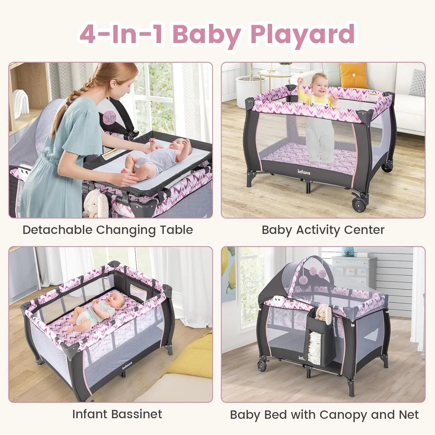 4-in-1 Portable Baby Playard with Bassinet, Changing Table, Canopy & Toys for Newborns to Toddlers (Pink)