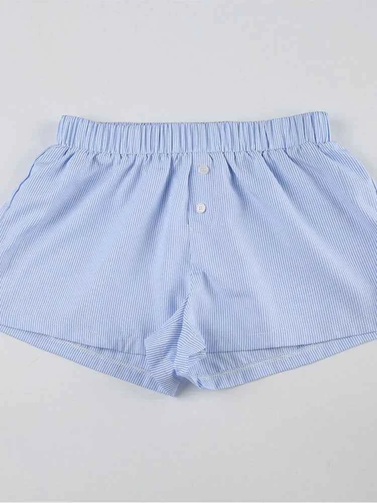 Striped Print Casual Shorts for Women Elastic Waist Fashion Button Bottoms Streetwear Chic Basic Y2K Loose Shorts