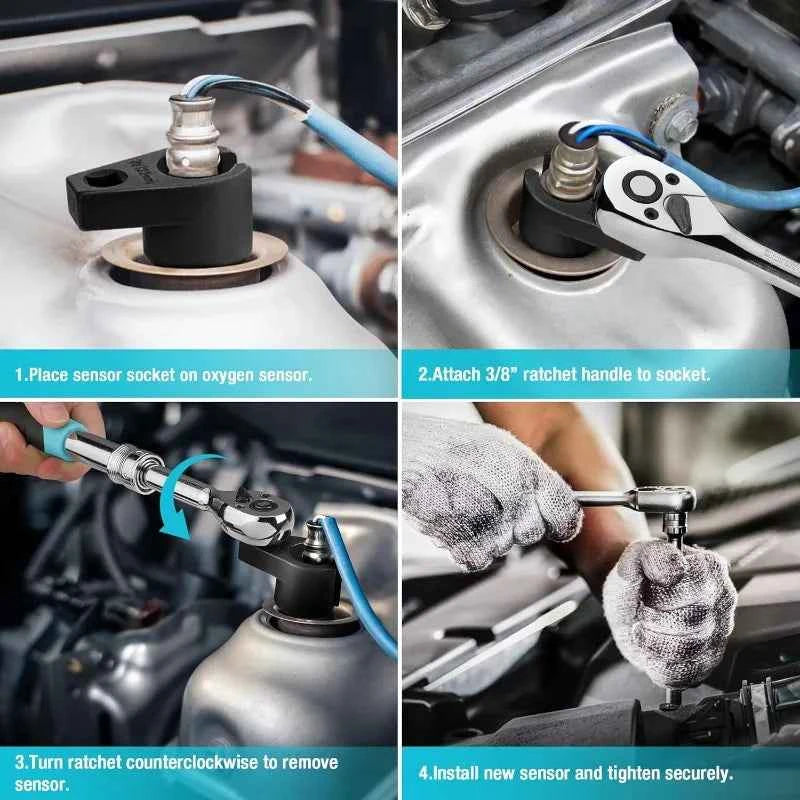 3/8" 22mm Offset Oxygen Sensor Socket Wrench, O2 Sensor Removal Tool Kit Set, Engine Adapter Wrench for Lambda Sensor