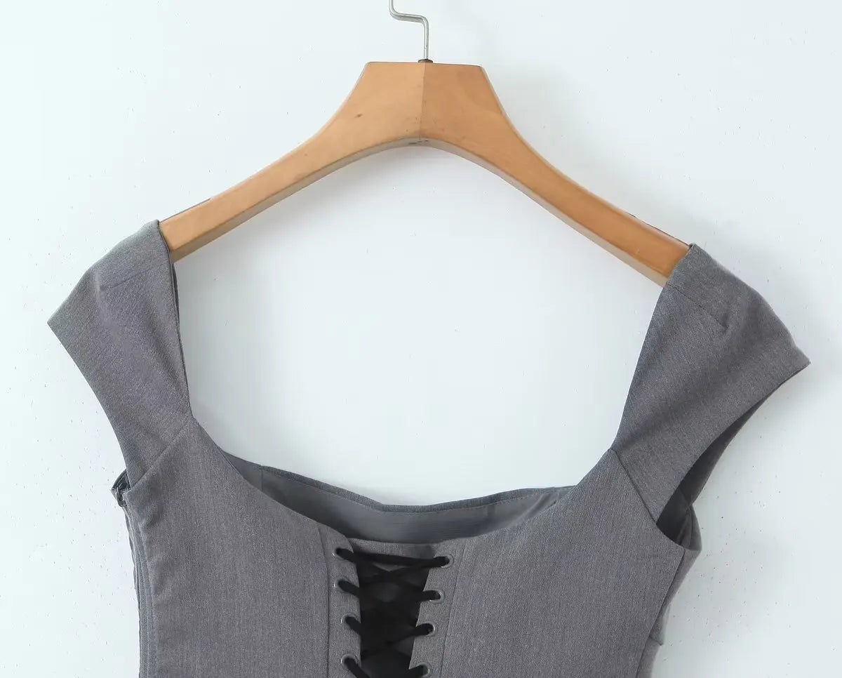 YENKYE Y2K Women Lace Up Bandage Back Gray Crop Top Short Sleeve Square Neck Ladies Sexy Chic Tops