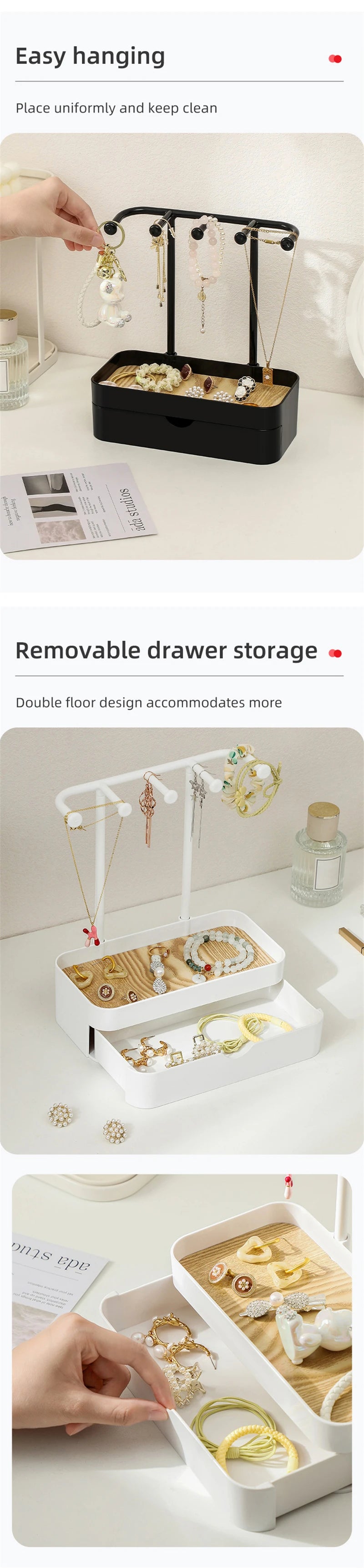 Jewelry Organizer Display Stand Rack With Wooden Tray For Earrings Bracelet Necklaces Rings Storage Hanging Organizer Holder