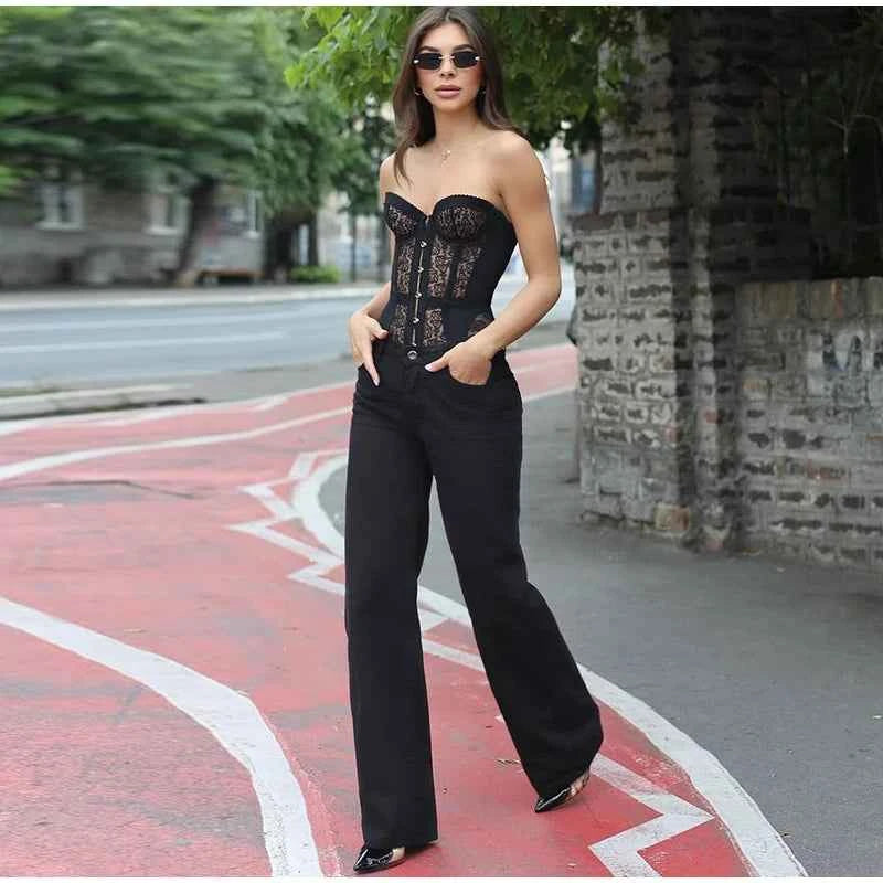 Sexy Women Black Lace Corset Vest Fashion See Through Hollow Out Strapless Top Chic Autumn 2025 New Party Lady High Street Vests