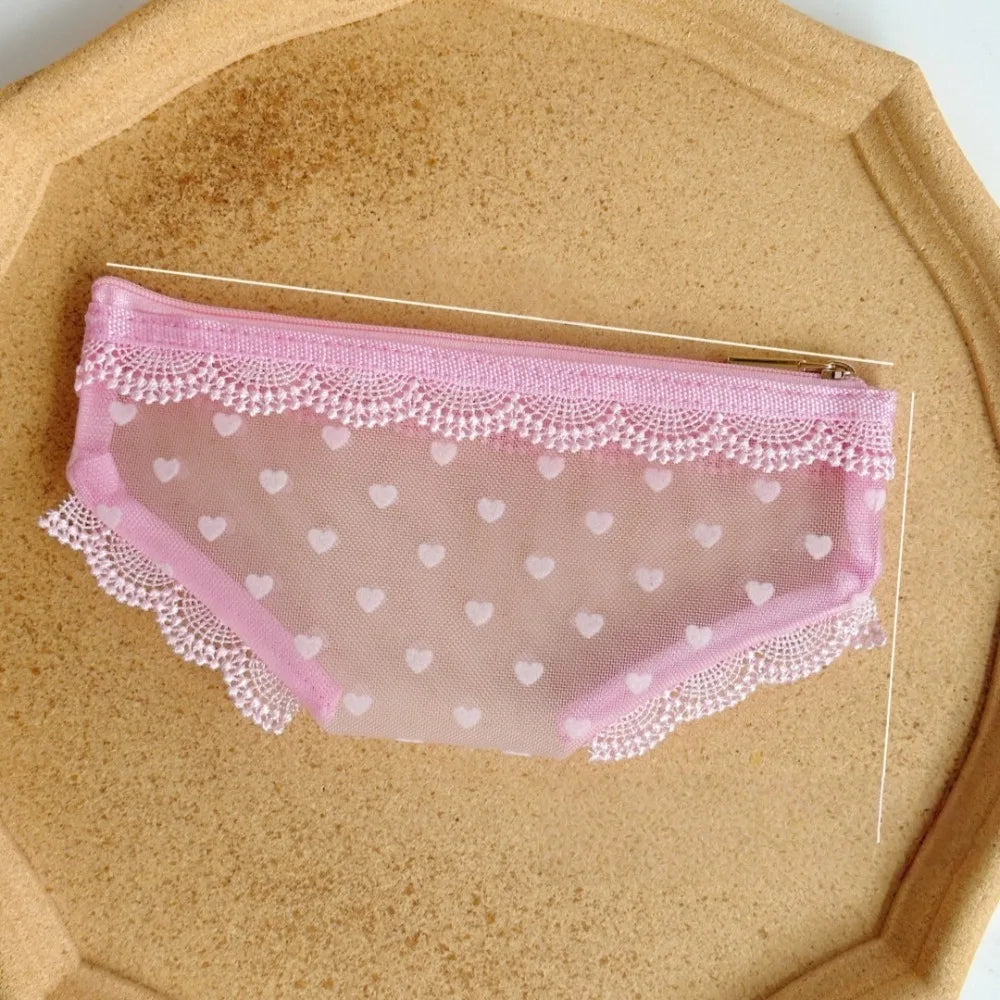 New Briefs Shape Cosmetic Bag Mesh Lace Heart Makeup Storage Pouch Y2K Transparent Toiletry Bag Storage for Travel