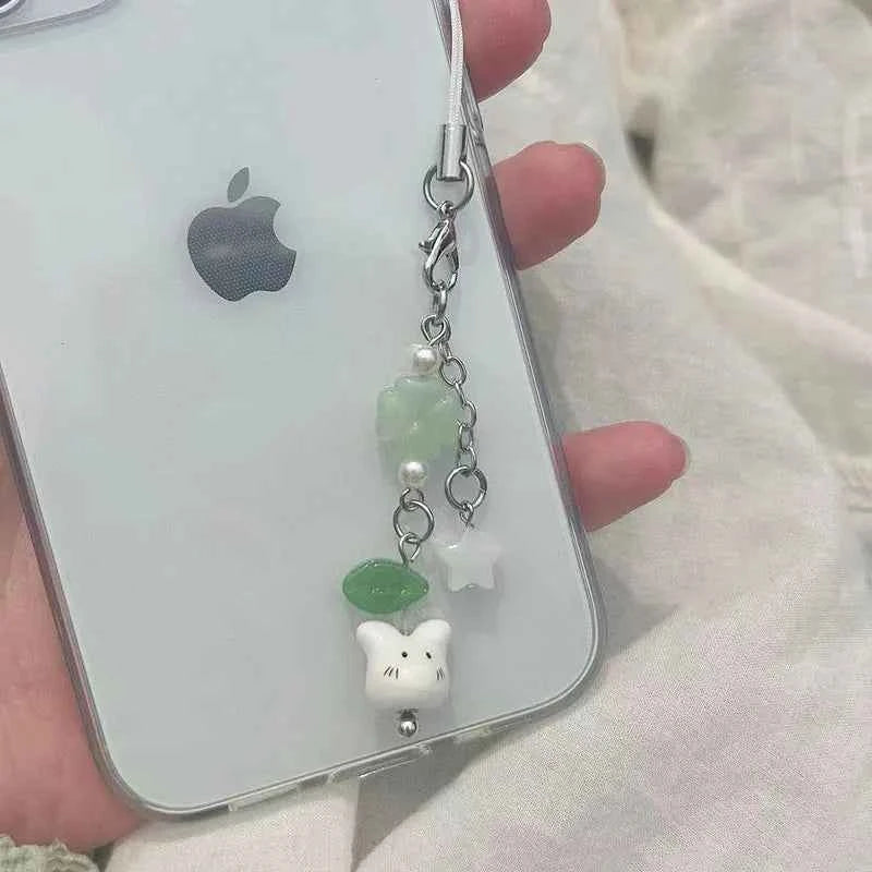 Handmade Four Leaf Clover Beaded Phone Charm Y2K Cute Ceramics Cat Backpack Keychain Bag Key Ring for Girls Christmas Gift