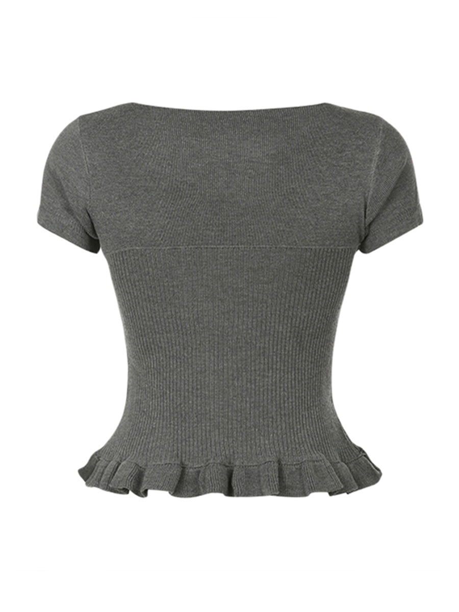 Preppy Kawaii Knitted Crop Tops Puff Sleeve Ruffles Hem Tees Fairy Vintage Y2K Milkmaid Tops Cottage Retro Women T-shirts Korean