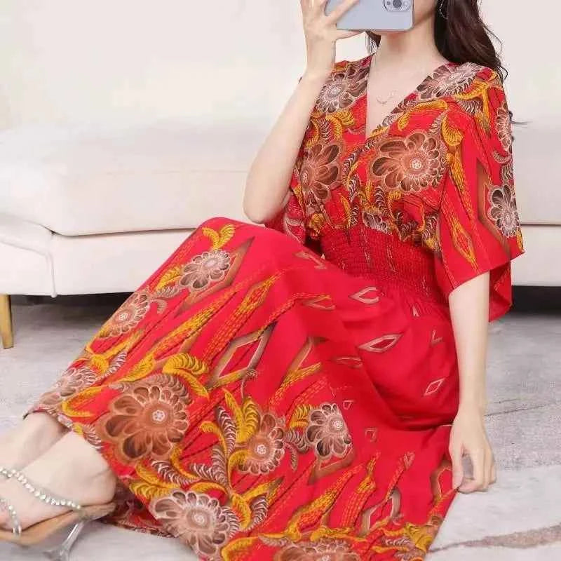 Colorful Flower V-neck Elastic Youthful Bohemian Sweet Midi Dress Woman Clothes Chic Fashion Summer Dresses 2025 Large Swing Ski