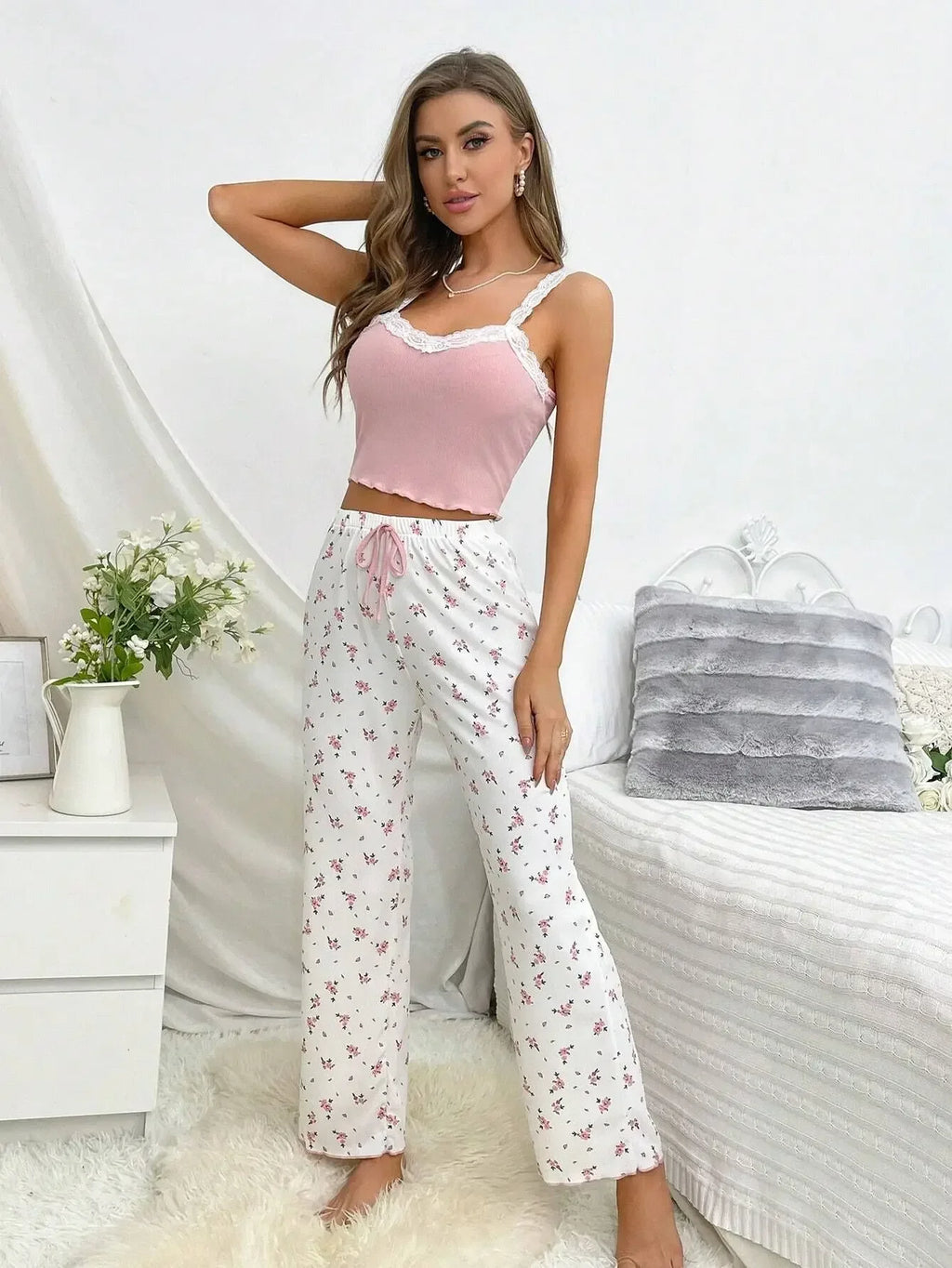 2PCS Pajamas Sets Women Sleepwear Autumn Winter Sleeveless Casual Floral Printed Tops and Trouses Homewear Loungewear