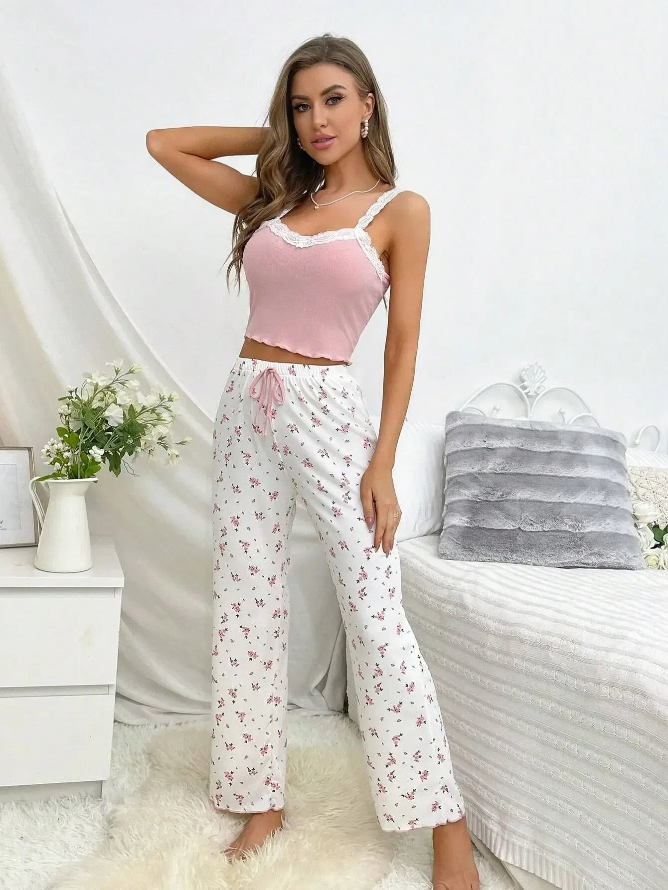 2PCS Pajamas Sets Women Sleepwear Autumn Winter Sleeveless Casual Floral Printed Tops and Trouses Homewear Loungewear