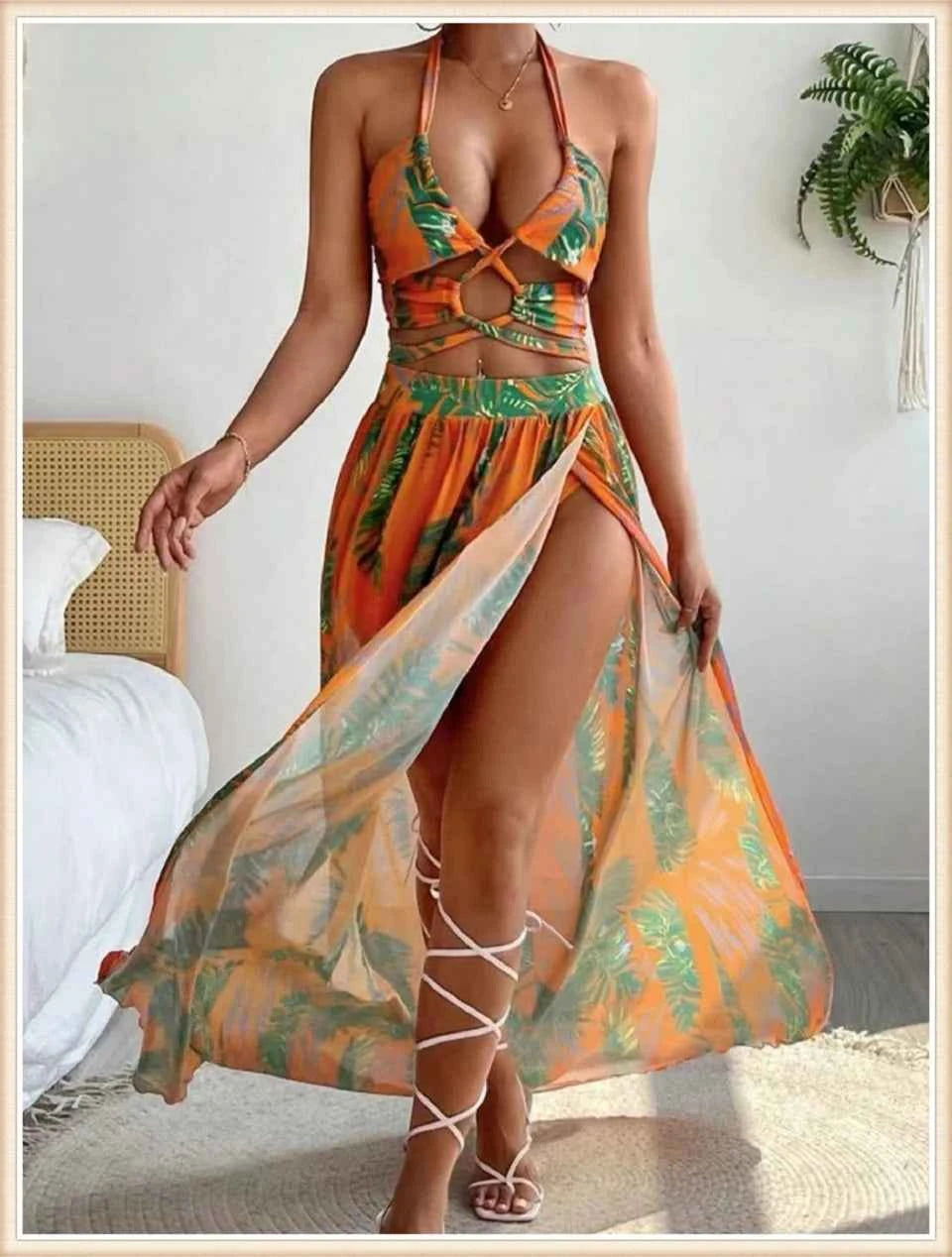 3 Pieces Print Cross Bikini 2025 Women Sexy Halter Swimsuit & Cover Up Beach Dress Swimwear Bathers Bathing Swimming Suit Summer