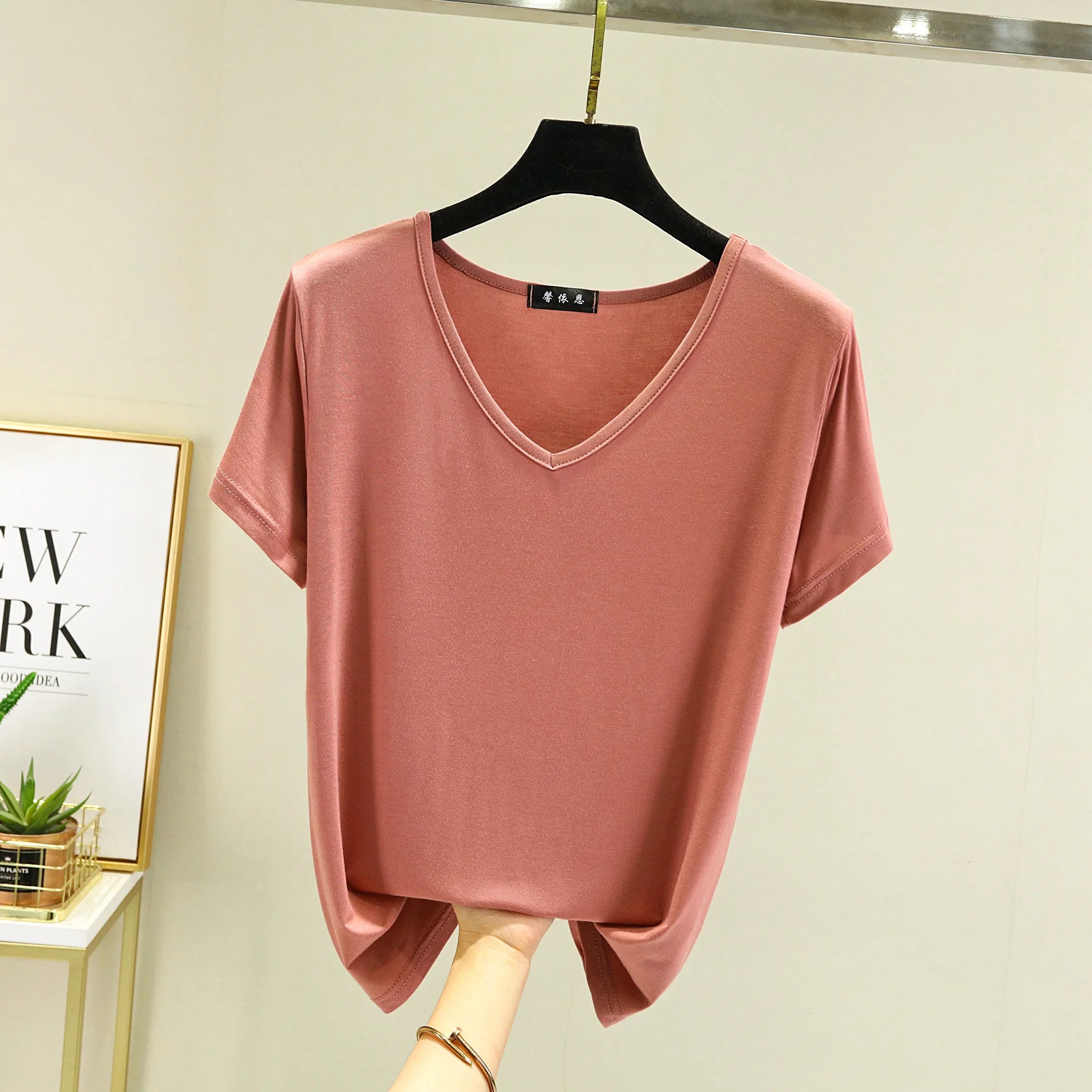 Summer women Modal V-Neck Tshirt Thin Bottoming T-shirts Plus size Loose tee tops Streetwear Basic Top