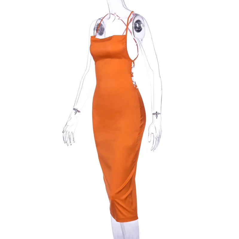 Sexy Slash Neck Back Cross Bandage Bodycon Dress Women Spaghetti Strap Solid Color Mid-calf Dress Elegant Club Party Vestidos