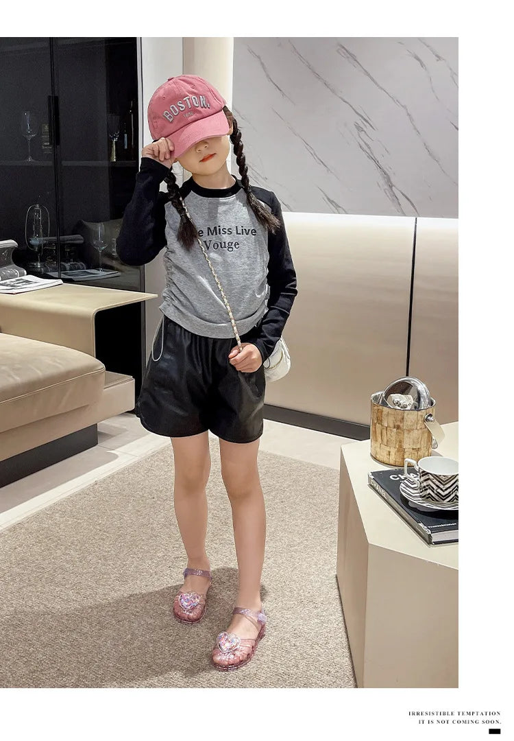 2026Kids' Sandals Ourdoor Crystal Jelly Shoes PVC Love Baby Fashion Flat For Girls Breathable Anti-slip Purple Sliver Size 24-35