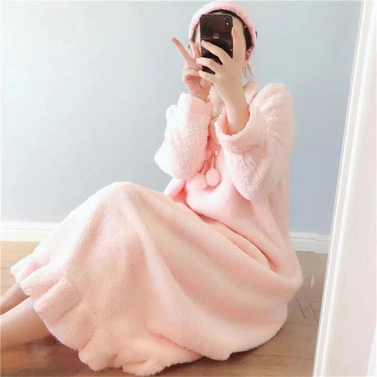 2025 Winter Long Sleeve Thick Warm Flannel Nightgowns for Women Korean Cute Coral Fleece Sleepwear Night Dress Nightdress Nighty