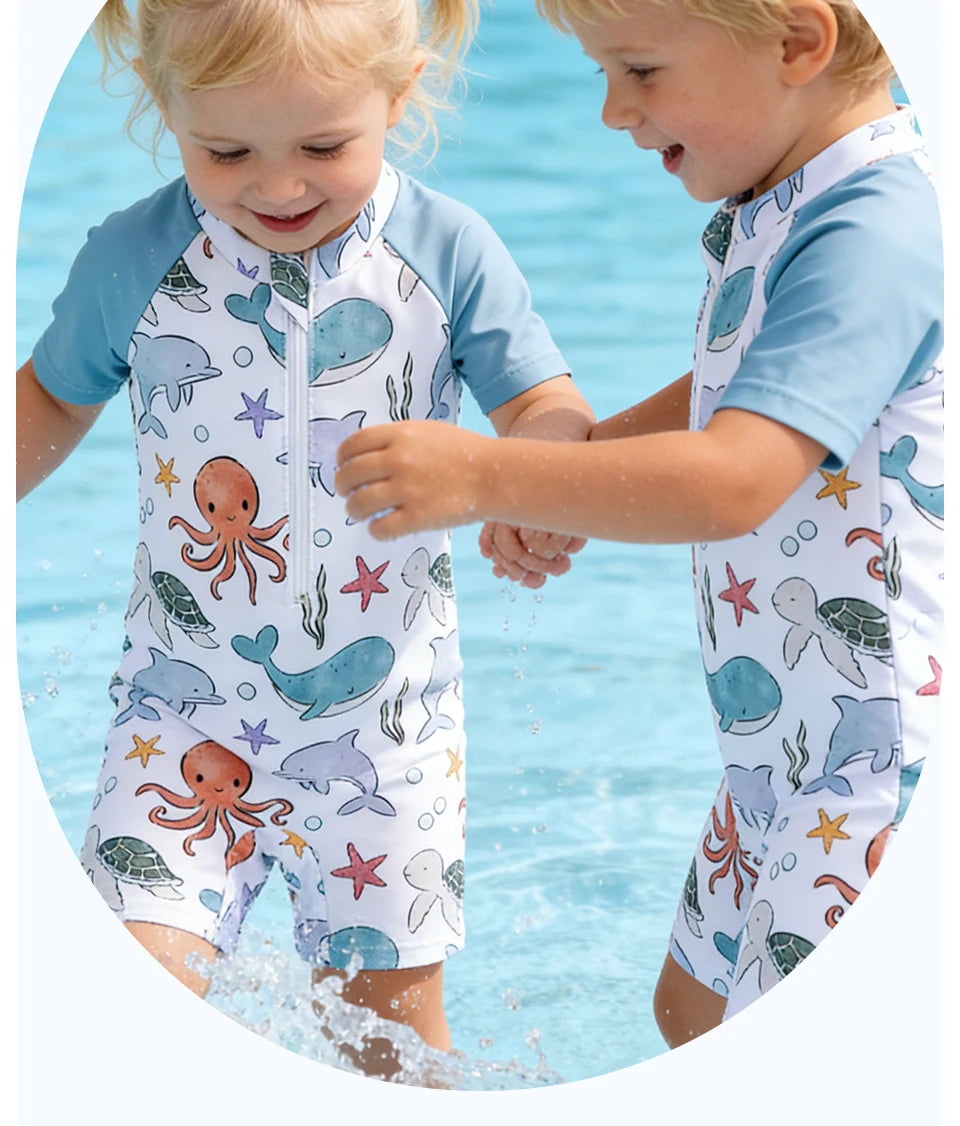 Happyflute Kids Short Sleeve One-Piece Swimsuit Quick Dry Toddler Summer Rash Guard with Shorts ，Sun Protection Suit
