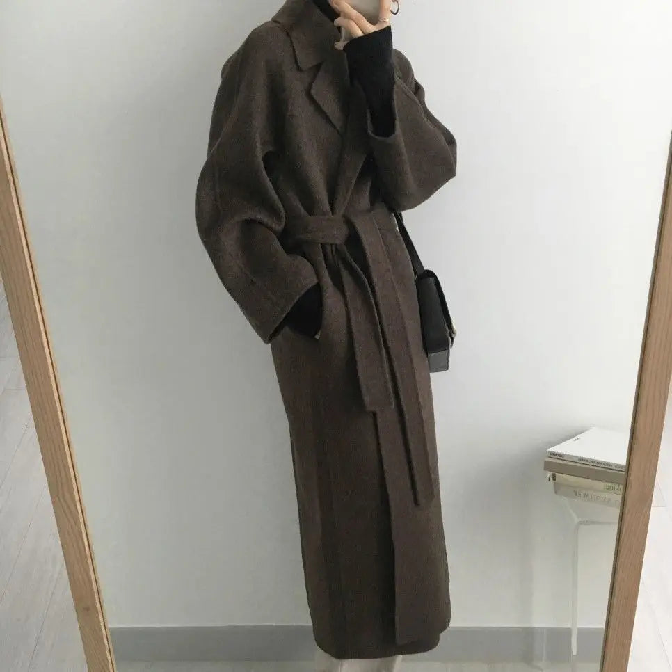 Chic Thick Warm Lapel Lace-up Pockets Loose Woolen Coat 2025 Autumn Winter New Korean Female Long Oversize Casual Women Clothes