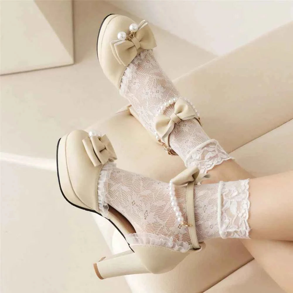 Spring Pearl Ankle Strap Women High Heels Mary Jane Pumps Party Wedding Cosplay White Pink Bow Princess High-heeled Lolita Shoes