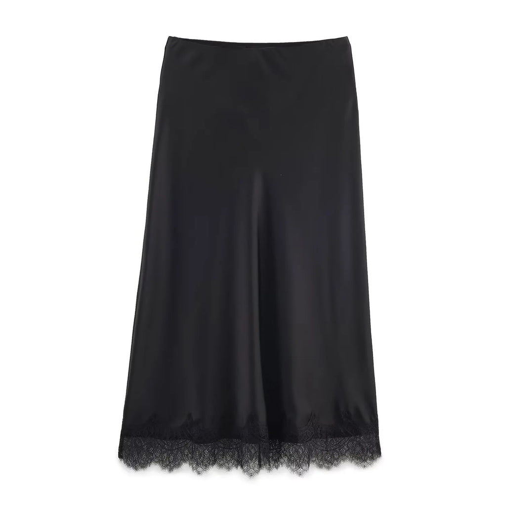 SAW Independent Station Sexy Lace Patchwork Satin Feel Mini Skirt Autumn Fashion Trendy Polyester Fiber Long A-Line Skirt