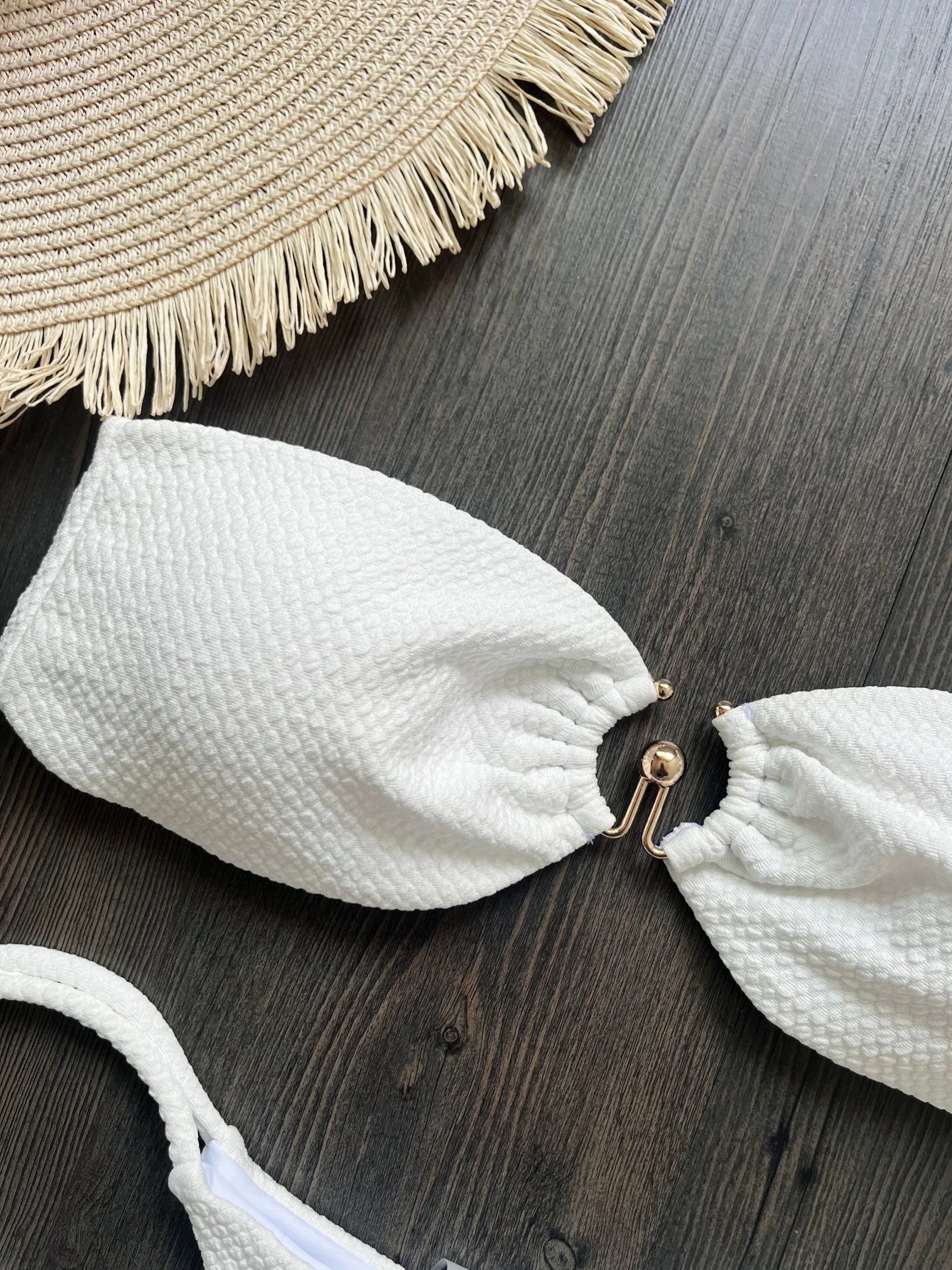 New Bather Bathing Suit Swim Wrinkled Bandeau Metal Ring Thong Bikini Women Swimwear Female Swimsuit Two-pieces Bikini set