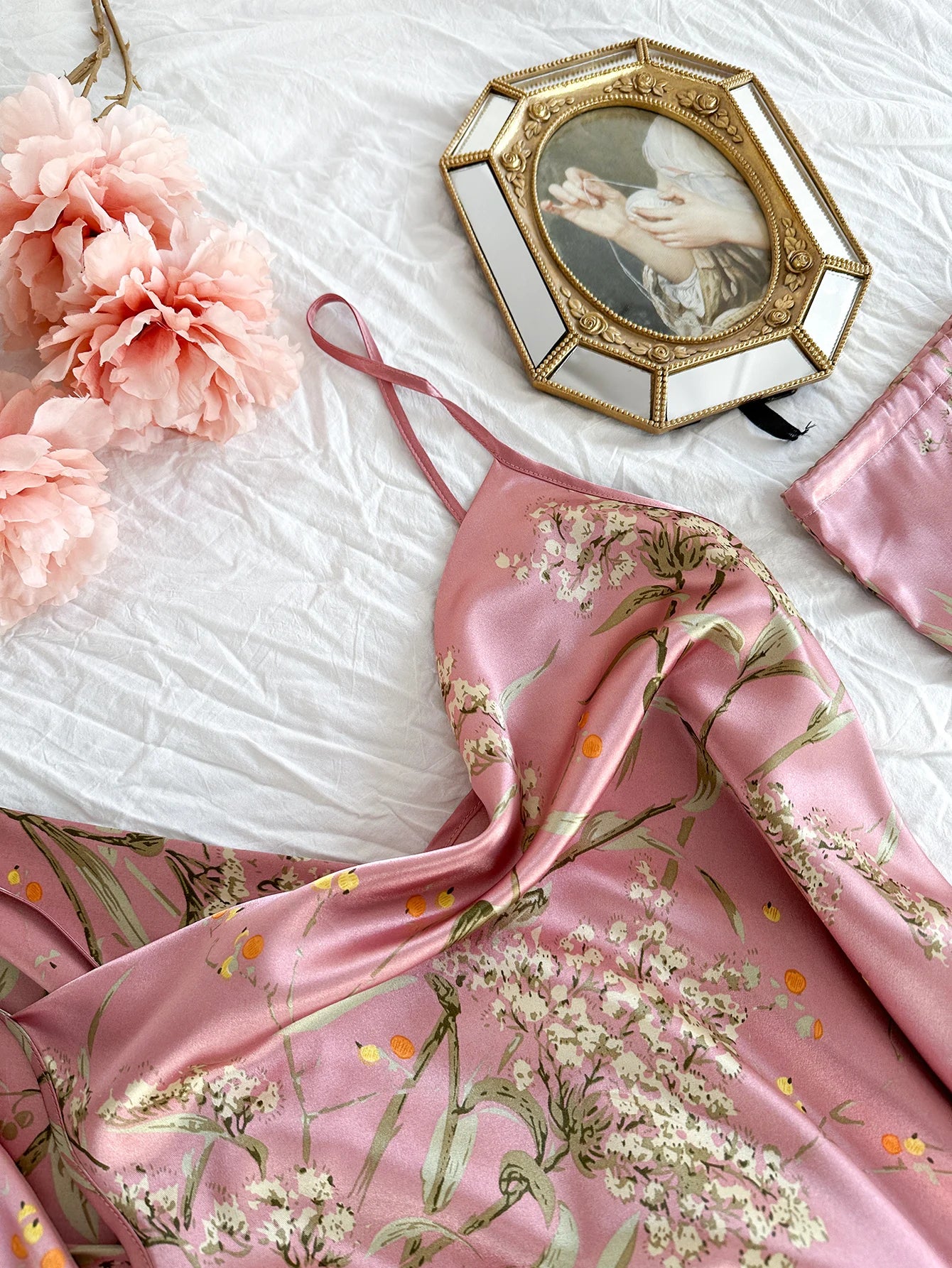 Floral Print Pajama Set Long Sleeve Robe With Belt   V Neck Slip Dress  Women's Sleepwear  Loungewear