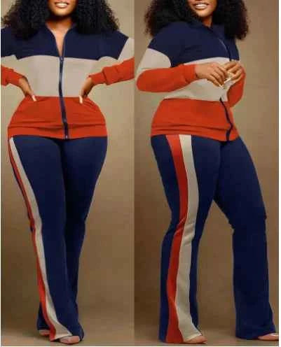 Two Piece Set Women Outfit 2023 Autumn Fashion Geometric Print Stand Collar Long Sleeve Zip Up Top & Casual Sporty Pants Set