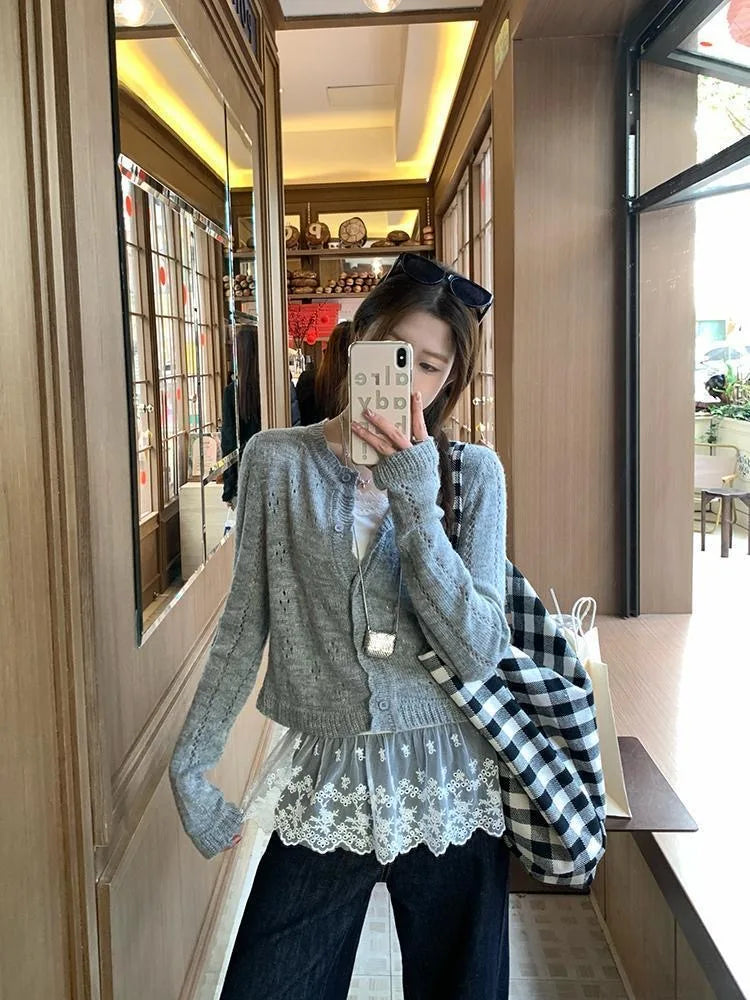 Lace Undershirt Ruffle Patchwork Hem Cami 2025 Sexy Top Women's Long Sleeveless T-Shirt Camisole Y2K Korean Gray Cotton Camis
