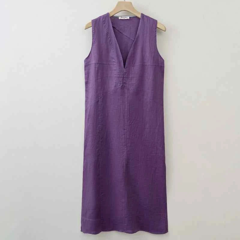 2025 Summer Women Solid Linen V Neck Sleeveless Fashion Dress Split Tank Dress