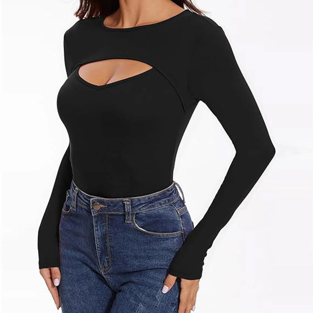 Spring Autumn Women's Long Sleeve T-Shirt Fashion Casual Front Hollow Slim Sexy Top Female Slim Bottoming Shirt Pullover