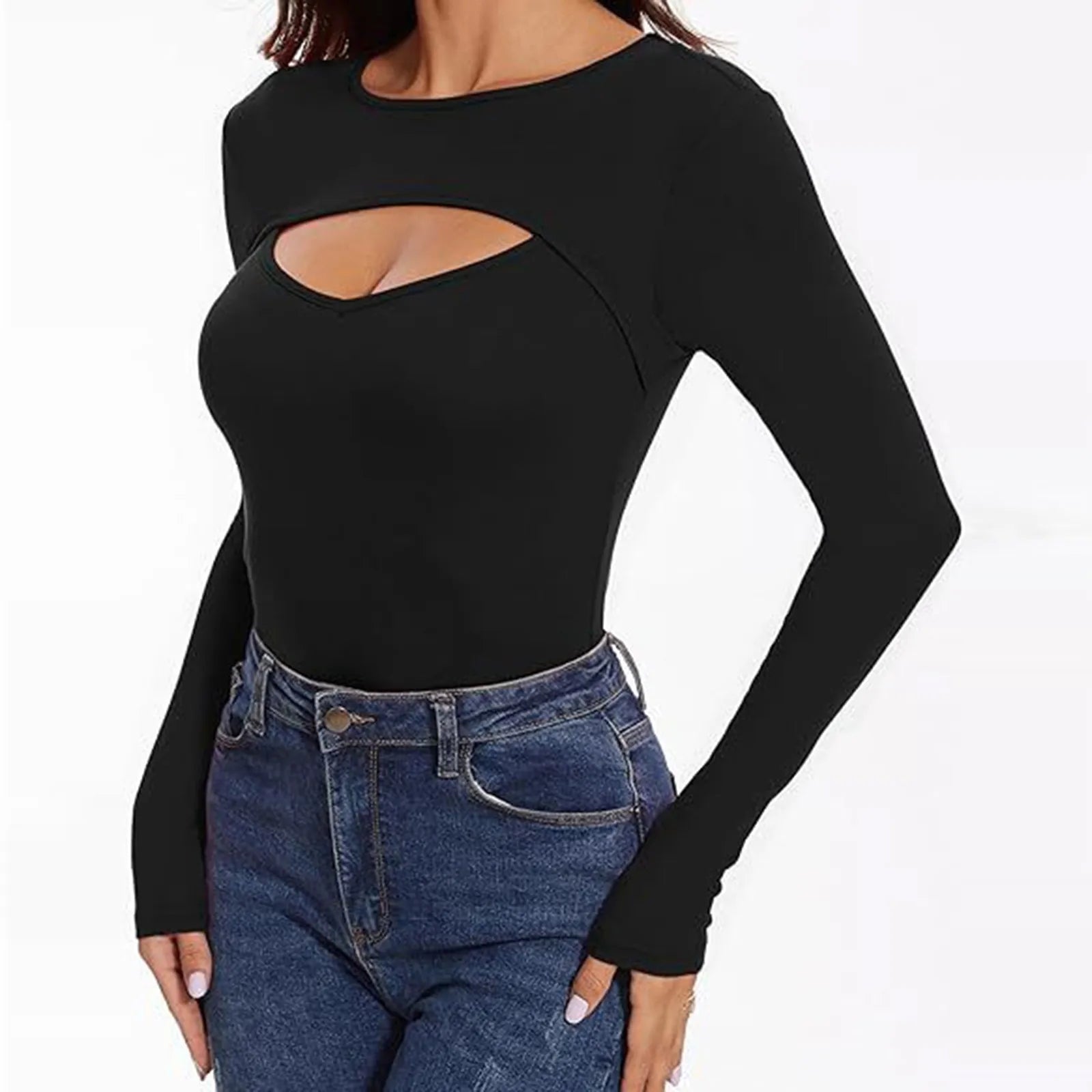 Spring Autumn Women's Long Sleeve T-Shirt Fashion Casual Front Hollow Slim Sexy Top Female Slim Bottoming Shirt Pullover